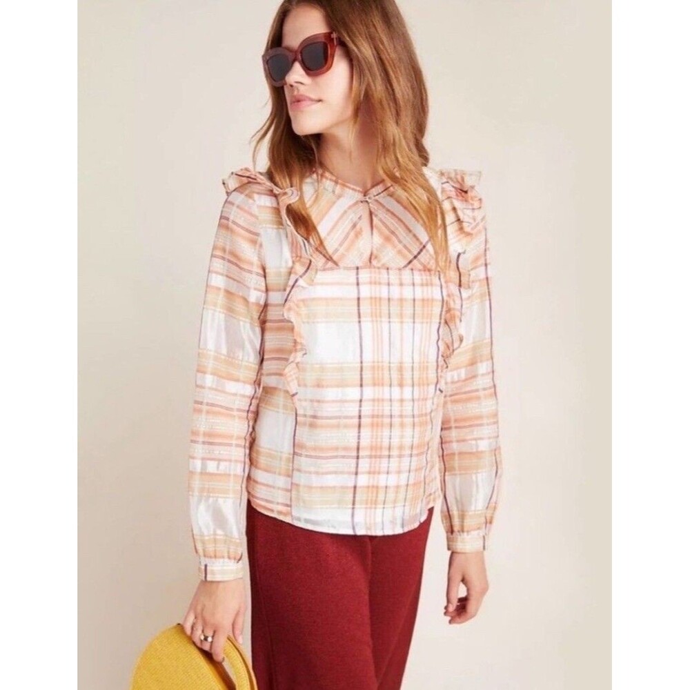 ANTHROPOLOGIE $88 Current Air Plaid Ruffle Polly Blouse Top Size Medium